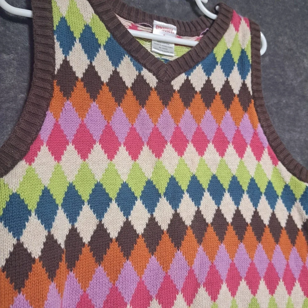 VTG Gymboree Kids Size 8 Argyle Sweater Vest Multicolor Cotton V-Neck Preppy